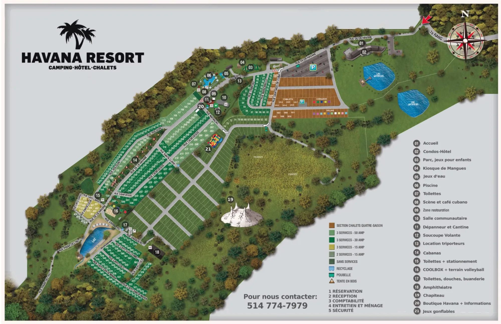 Plan du Havana Resort : accueil, condos-hôtel, piscine, plage, chalets, Coolbox, cabanas et terrains de camping